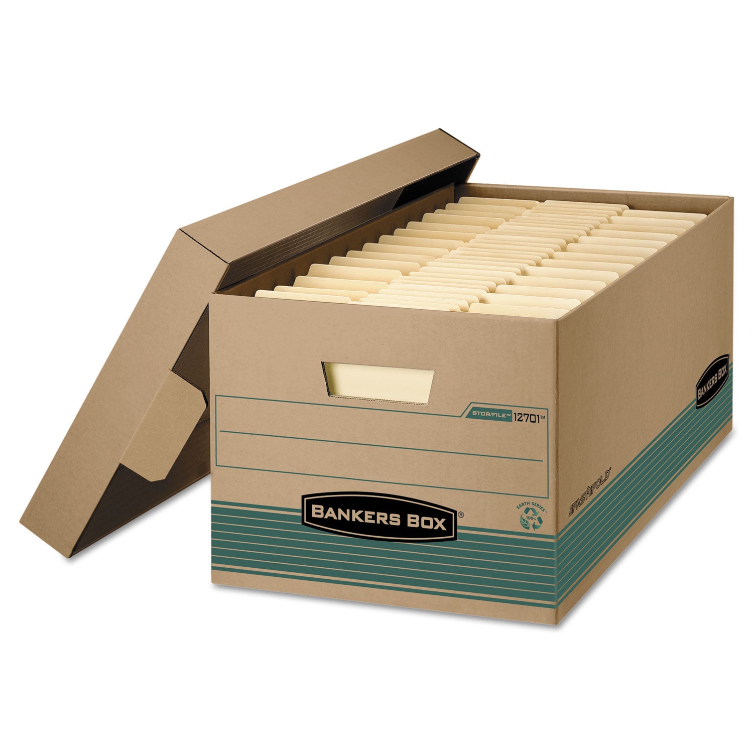 STOR/FILE Medium-Duty 100% Recycled Storage Boxes, Legal Files, 15.88" x 25.38" x 10.25", Kraft/Green, 12/Carton - 