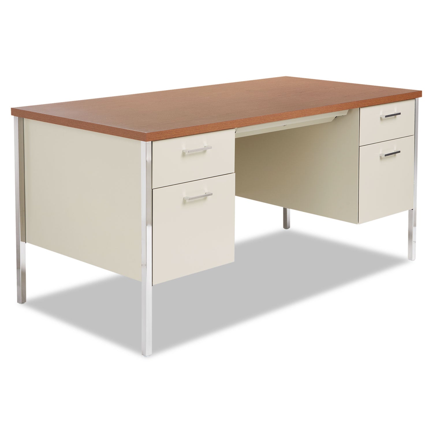 Double Pedestal Steel Desk, 60" x 30" x 29.5", Cherry/Putty, Chrome-Plated Legs - 