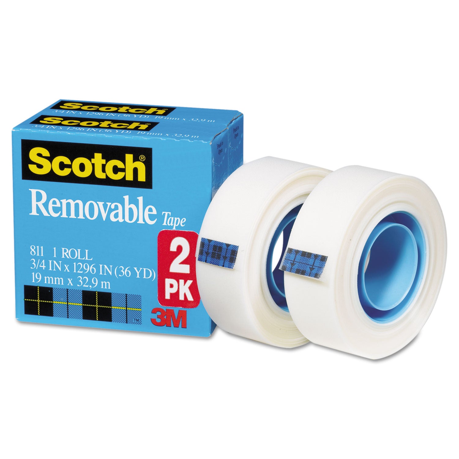 Removable Tape, 1" Core, 0.75" x 36 yds, Transparent, 2/Pack - 