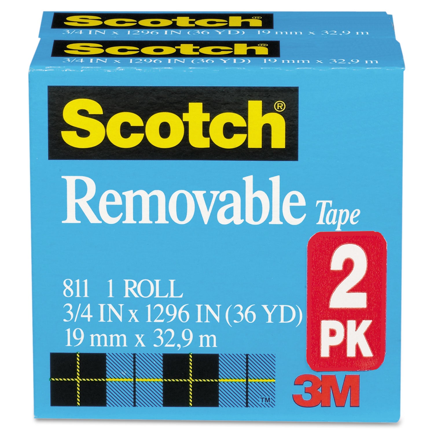 Removable Tape, 1" Core, 0.75" x 36 yds, Transparent, 2/Pack - 