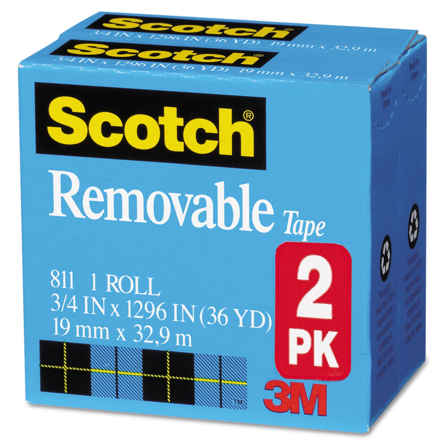 Removable Tape, 1" Core, 0.75" x 36 yds, Transparent, 2/Pack - 