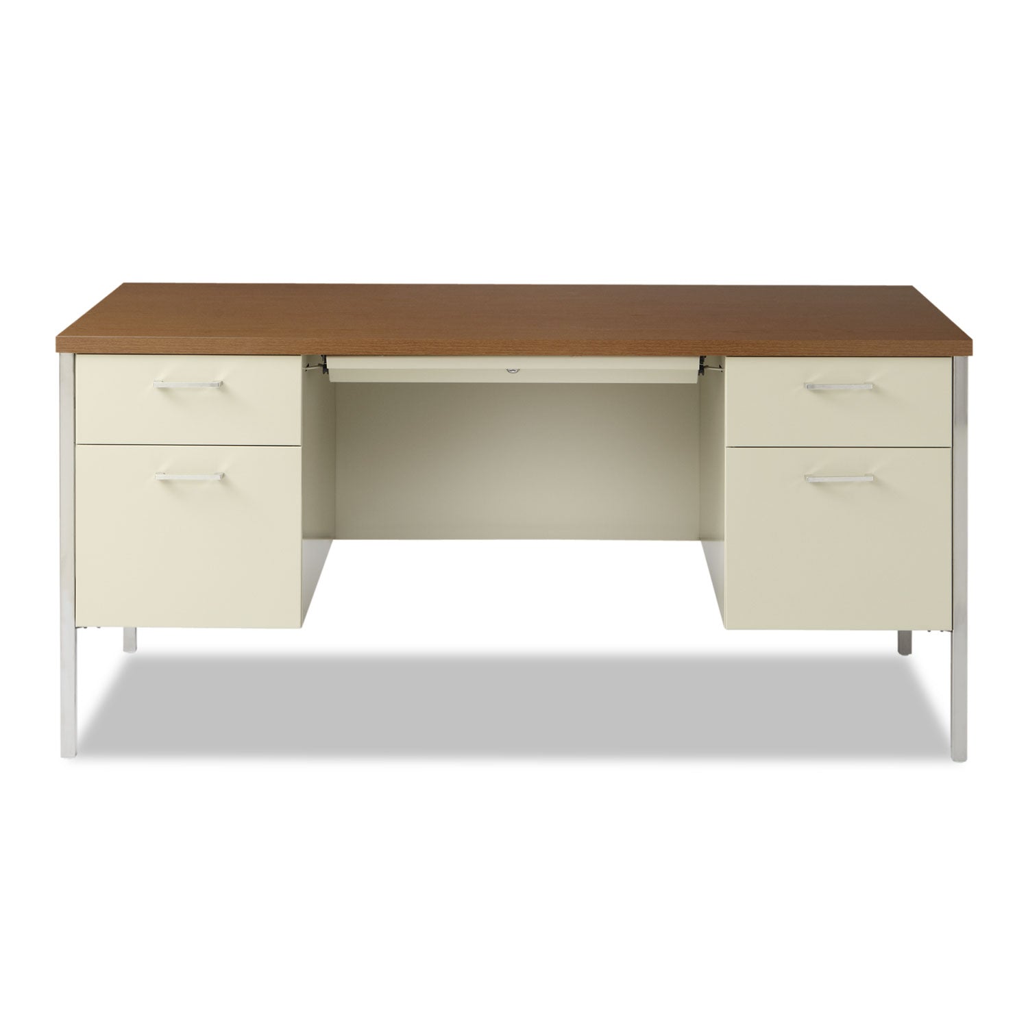 Double Pedestal Steel Desk, 60" x 30" x 29.5", Cherry/Putty, Chrome-Plated Legs - 