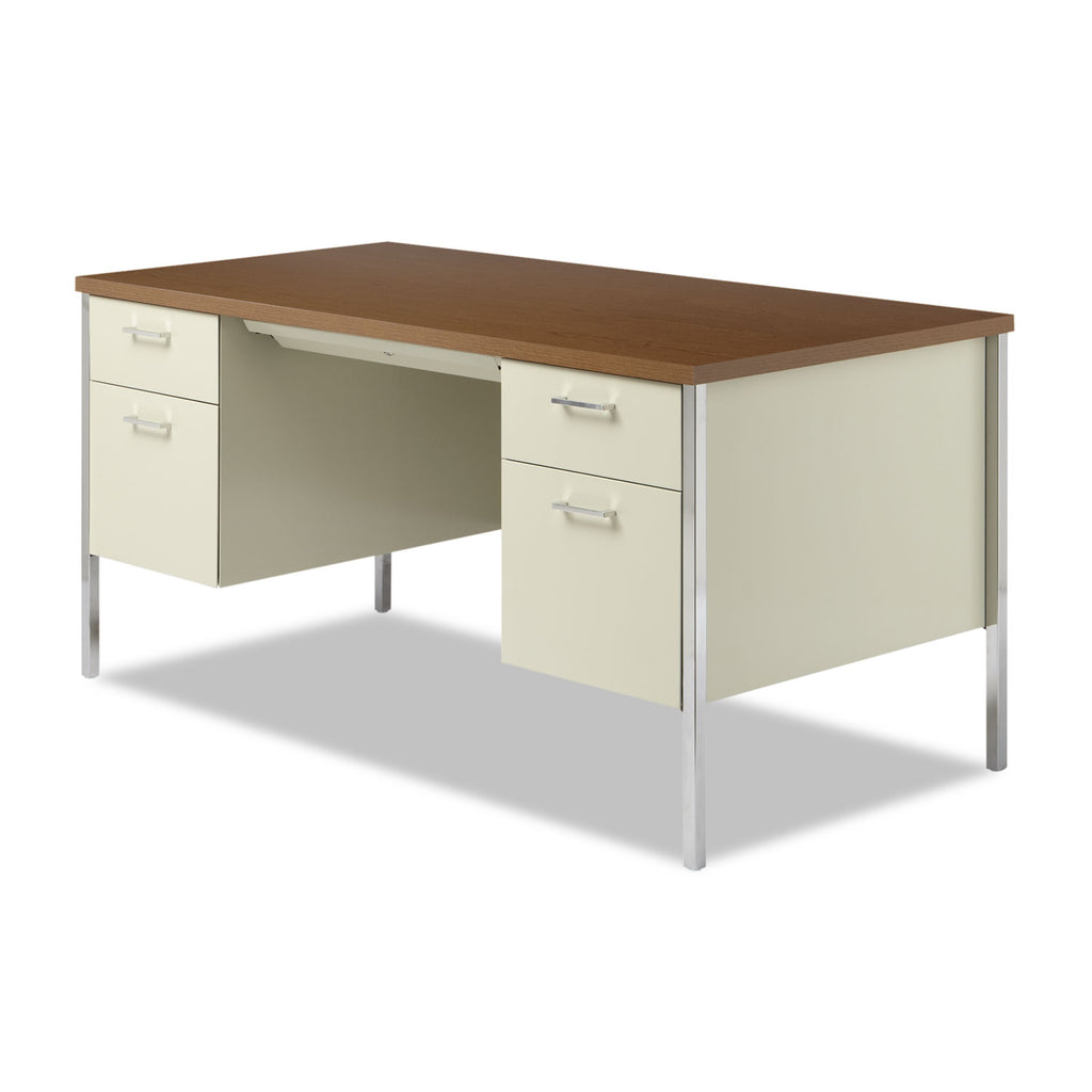 Double Pedestal Steel Desk, 60" x 30" x 29.5", Cherry/Putty, Chrome-Plated Legs - 