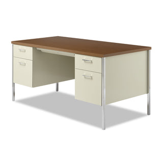 Double Pedestal Steel Desk, 60" x 30" x 29.5", Cherry/Putty, Chrome-Plated Legs - 