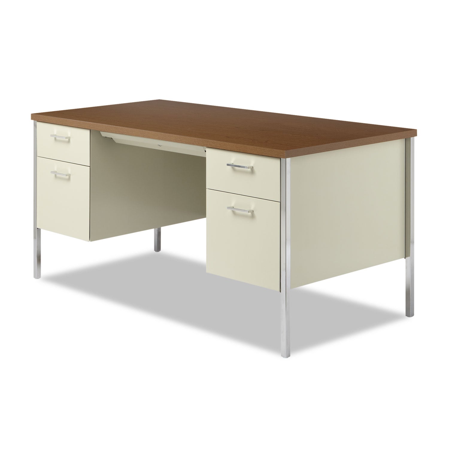 Double Pedestal Steel Desk, 60" x 30" x 29.5", Cherry/Putty, Chrome-Plated Legs - 