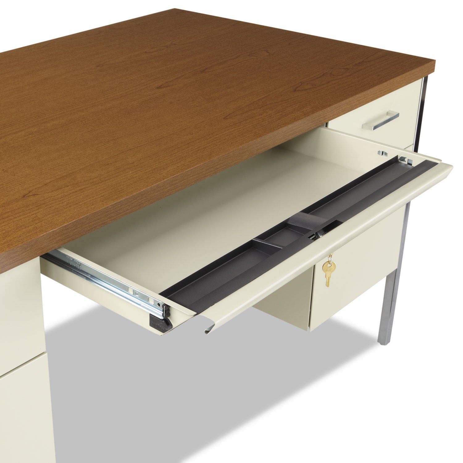 Double Pedestal Steel Desk, 60" x 30" x 29.5", Cherry/Putty, Chrome-Plated Legs - 