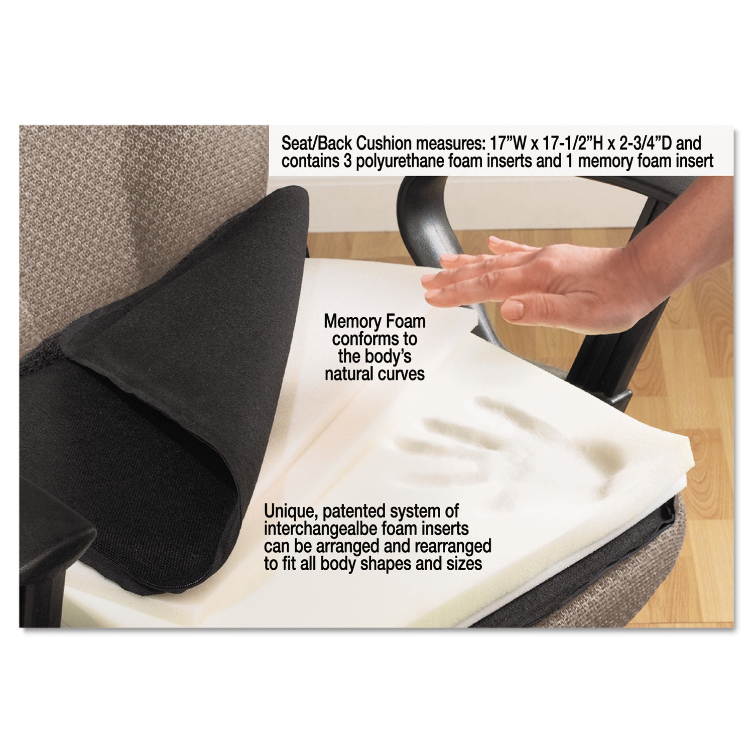 The ComfortMakers Deluxe Seat/Back Cushion, Memory Foam, 17 x 2.75 x 17.5, Black - 