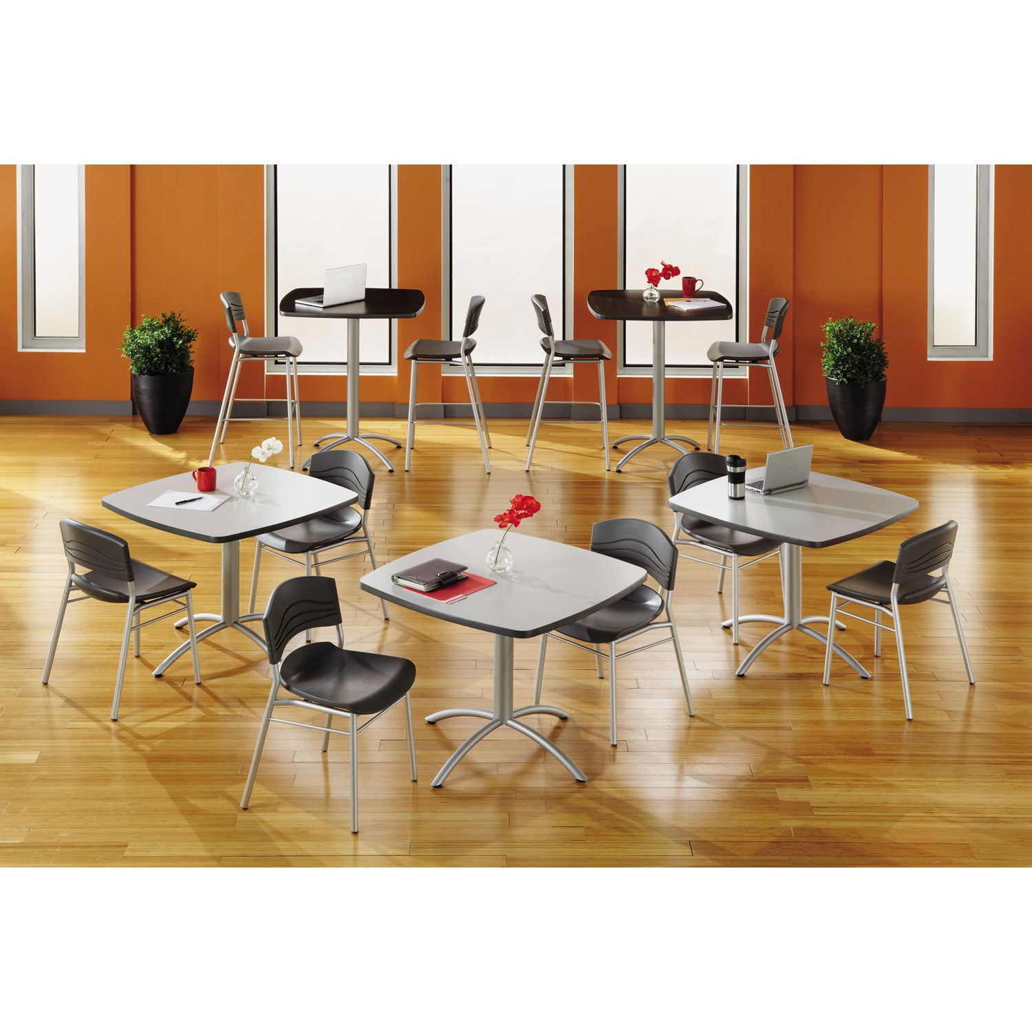 CafeWorks Stool, Supports Up to 225 lb, 30" Seat Height, Graphite Seat, Graphite Back, Silver Base - 