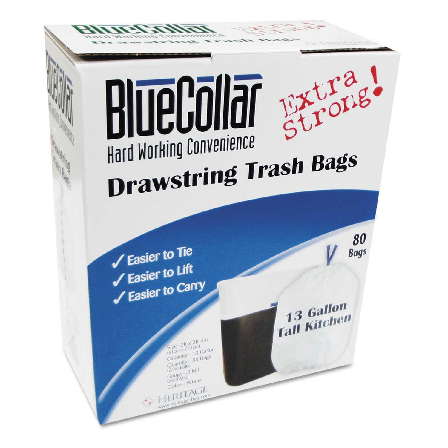 Drawstring Trash Bags, 13 gal, 0.8 mil, 24" x 28", White, 40 Bags/Roll, 2 Rolls/Box - 1