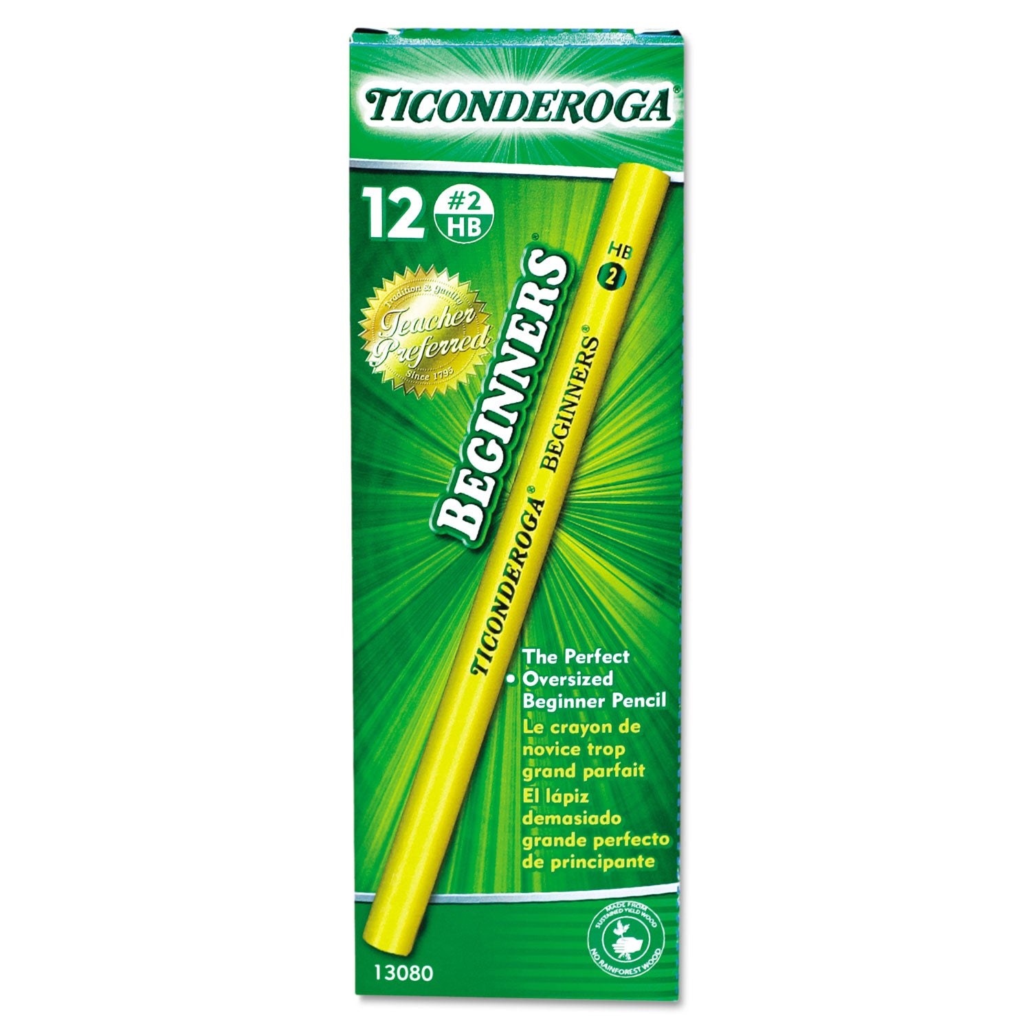 Ticonderoga Beginners Woodcase Pencil with Microban Protection, HB (#2), Black Lead, Yellow Barrel, Dozen - 