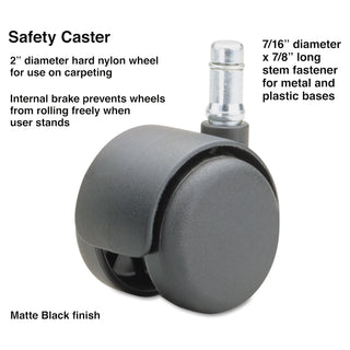 Safety Casters, Standard Neck, Grip Ring Type B Stem, 2" Hard Nylon Wheel, Matte Black, 5/Set - 