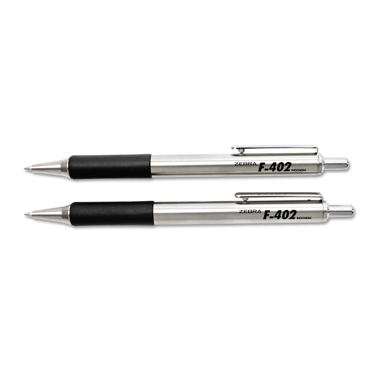 F-402 Ballpoint Pen, Retractable, Fine 0.7 mm, Black Ink, Stainless Steel/Black Barrel, 2/Pack - 