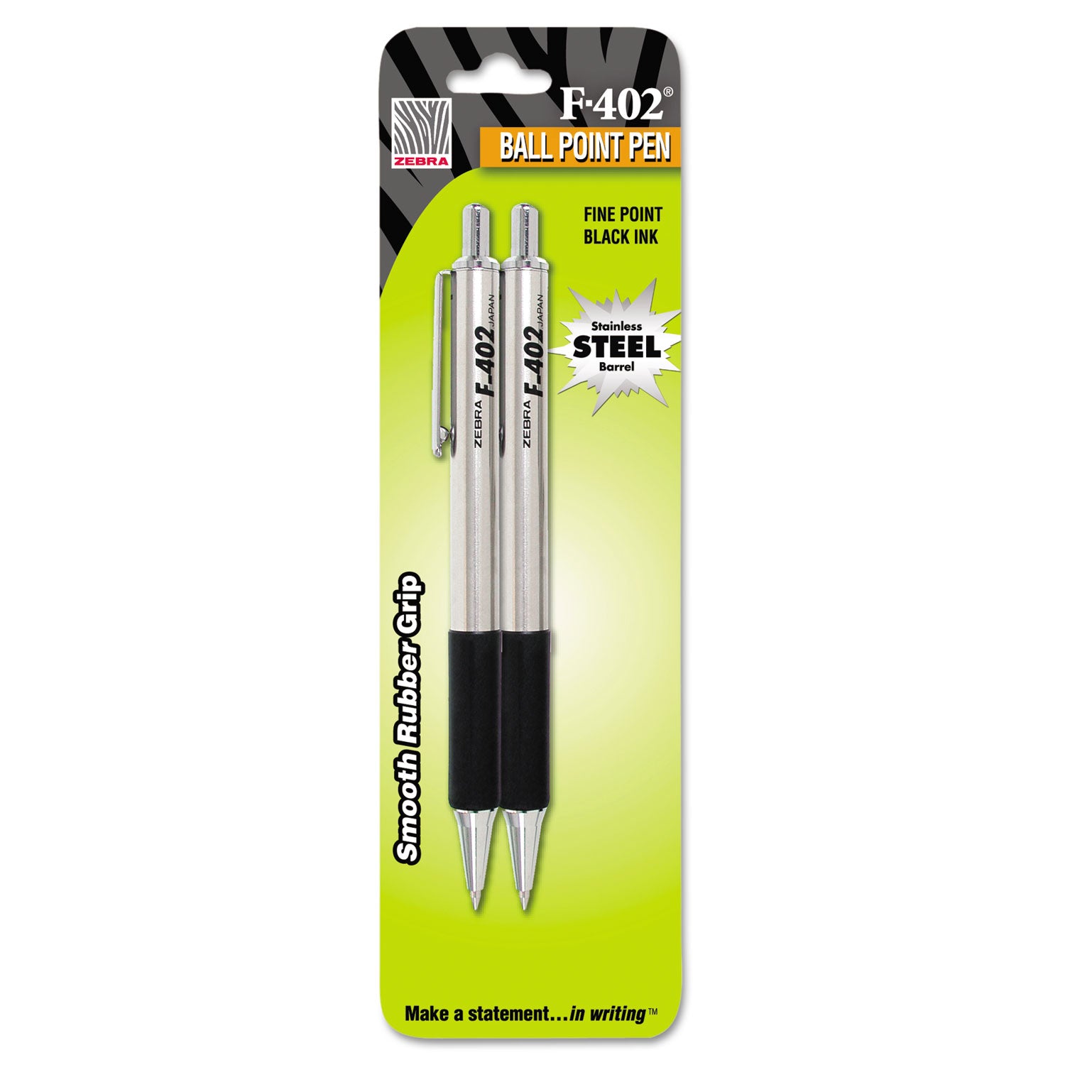 F-402 Ballpoint Pen, Retractable, Fine 0.7 mm, Black Ink, Stainless Steel/Black Barrel, 2/Pack - 