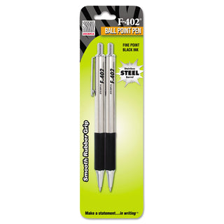 F-402 Ballpoint Pen, Retractable, Fine 0.7 mm, Black Ink, Stainless Steel/Black Barrel, 2/Pack