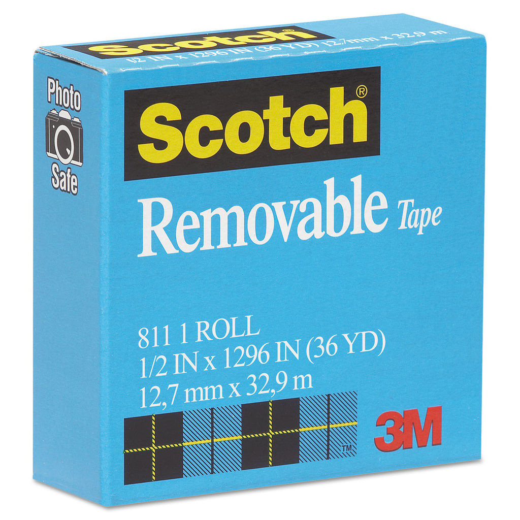 Removable Tape, 1" Core, 0.5" x 36 yds, Transparent - 