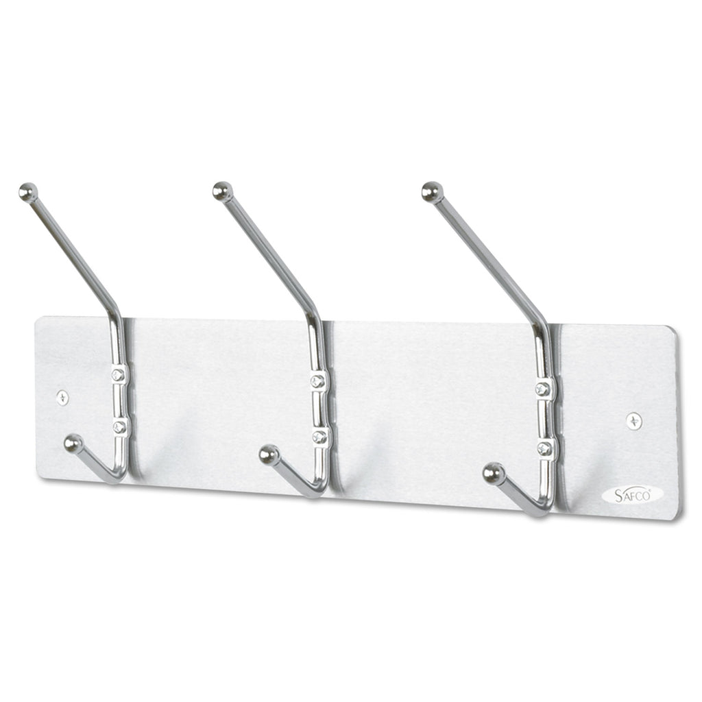Metal Wall Rack, Three Ball-Tipped Double-Hooks, Metal, 18w x 3.75d x 7h, Satin - 