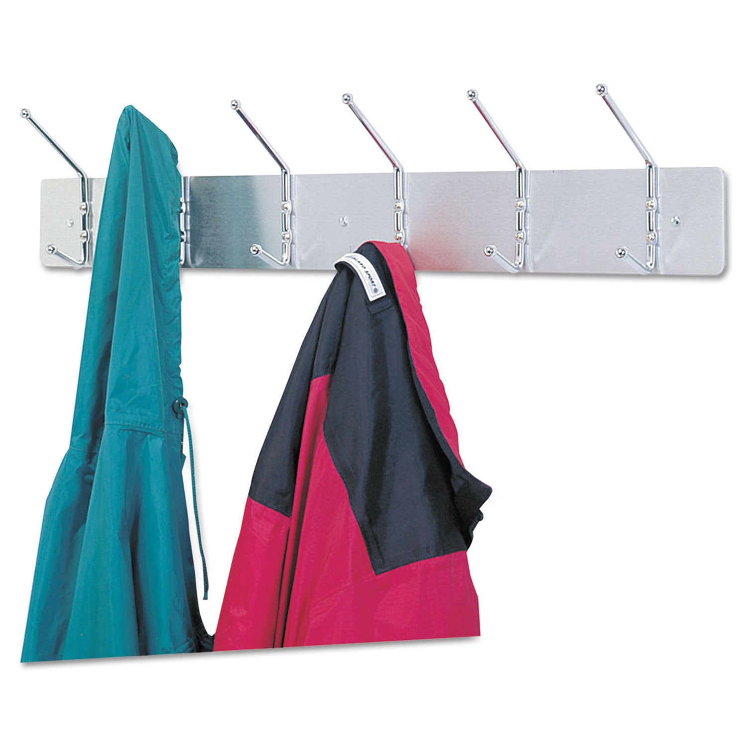 Metal Wall Rack, Six Ball-Tipped Double-Hooks, Metal, 36w x 3.75d x 7h, Satin - 