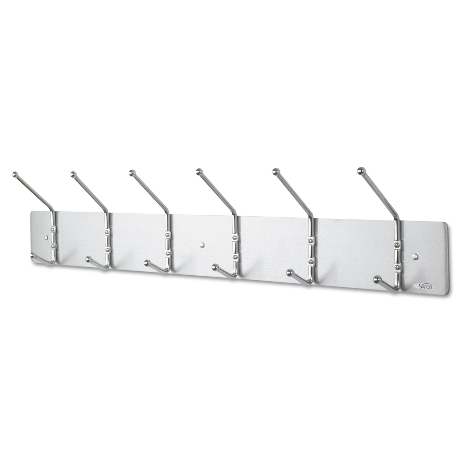 Metal Wall Rack, Six Ball-Tipped Double-Hooks, Metal, 36w x 3.75d x 7h, Satin - 