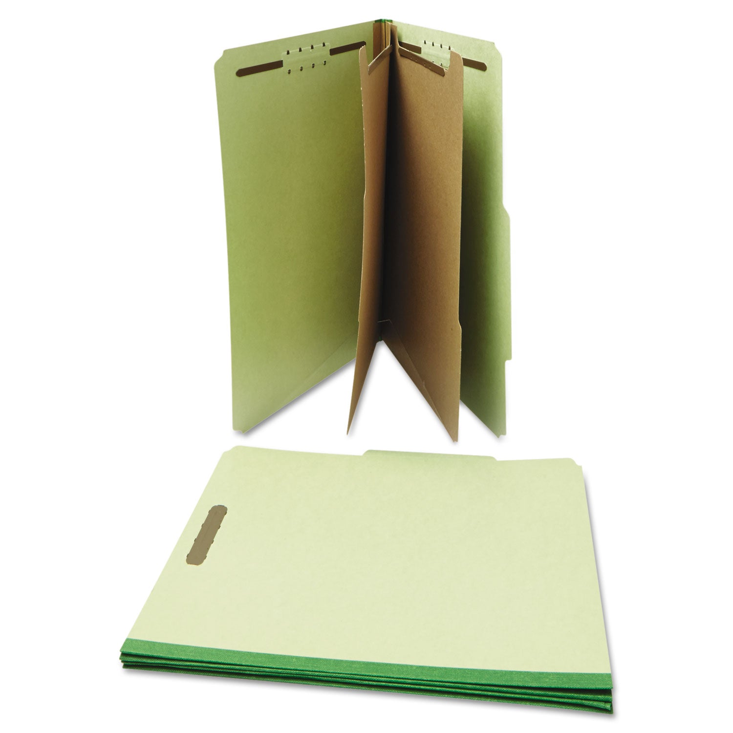 Six-Section Pressboard Classification Folders, 2" Expansion, 2 Dividers, 6 Fasteners, Letter Size, Green Exterior, 10/Box - 