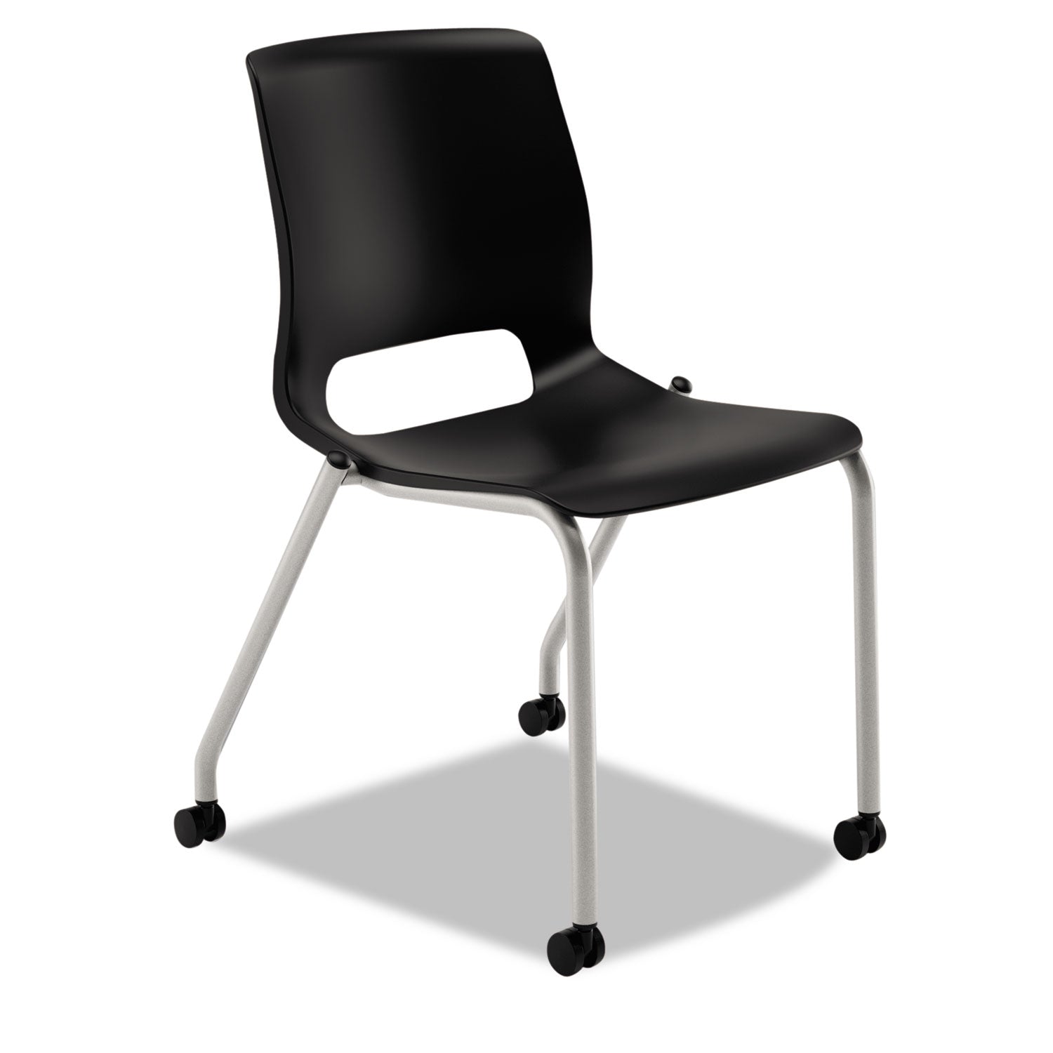 Motivate Four-Leg Stacking Chair, Supports 300 lb, 18.25" Seat Height, Onyx Fabric Seat, Black Back, Platinum Base, 2/Carton - 
