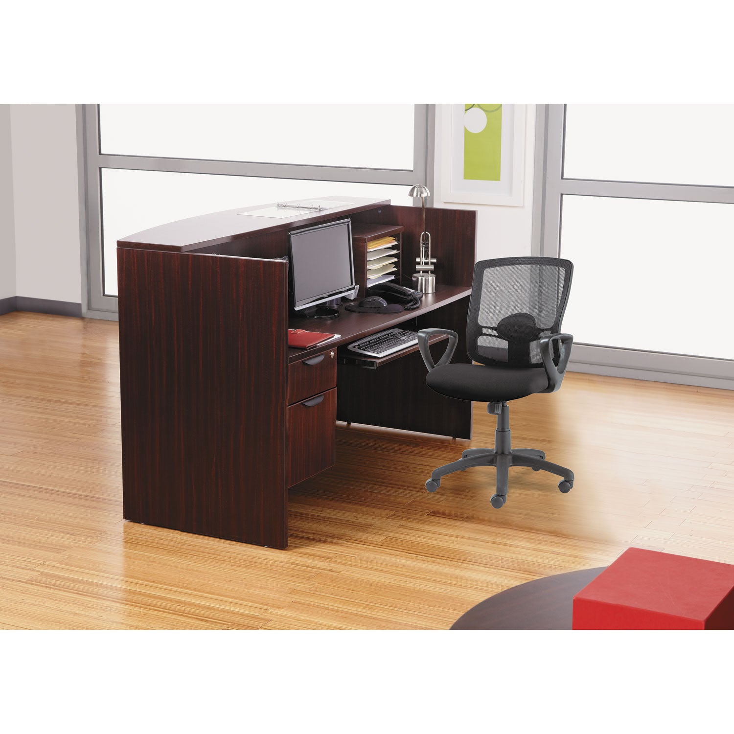 Alera Valencia Series Reception Desk with Transaction Counter, 71" x 35.5" x 29.5" to 42.5", Mahogany - 