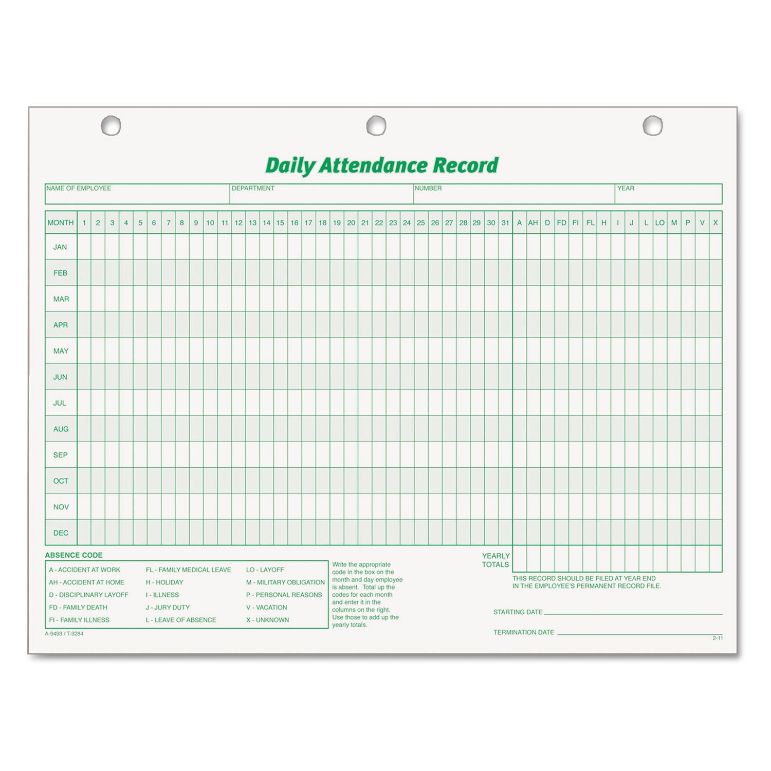 Daily Attendance Card, One-Part (No Copies), 11 x 8.5, 50 Forms Total - 
