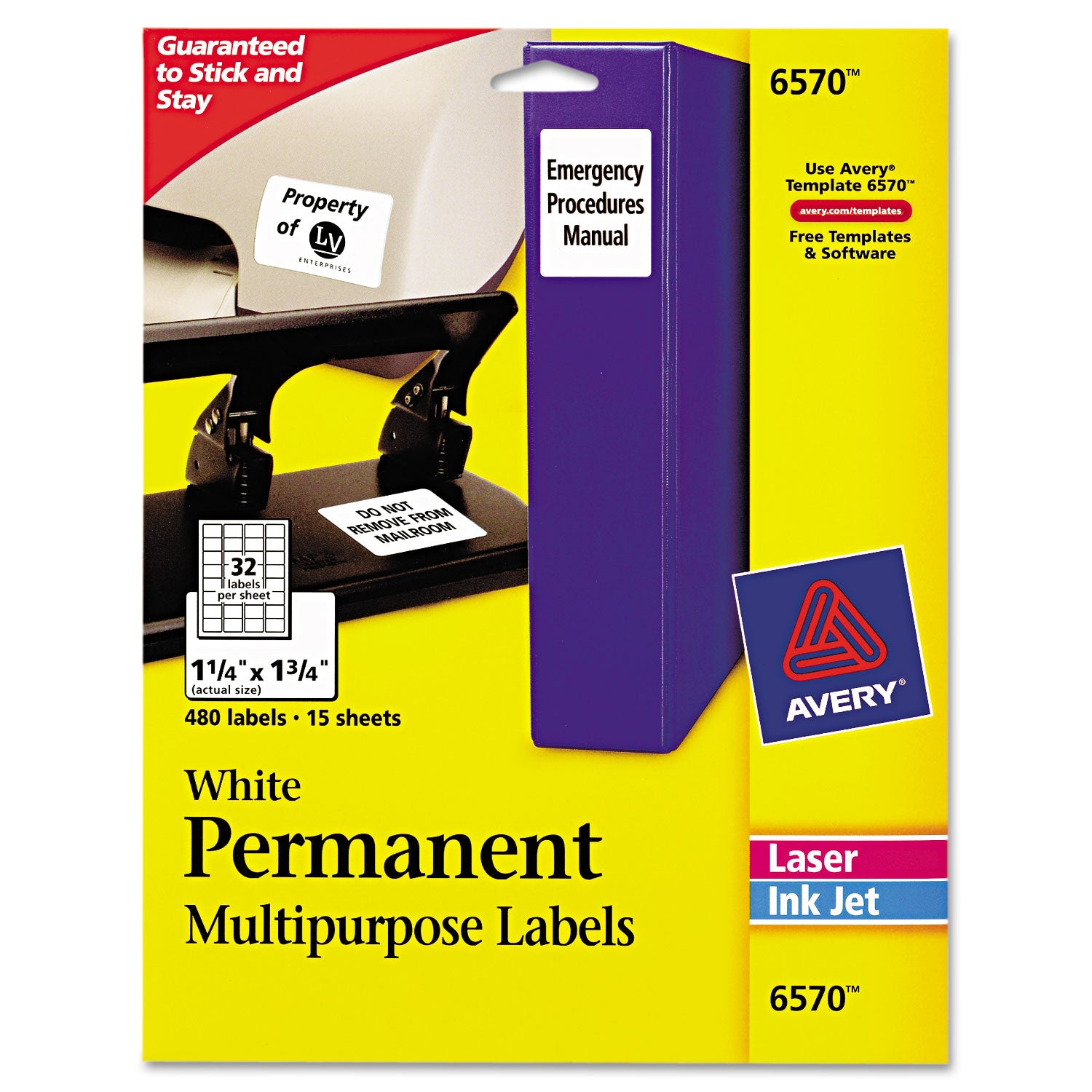 Permanent ID Labels w/ Sure Feed Technology, Inkjet/Laser Printers, 1.25 x 1.75, White, 32/Sheet, 15 Sheets/Pack - 