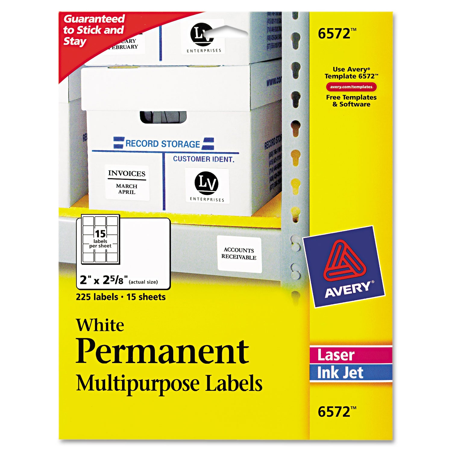 Permanent ID Labels w/ Sure Feed Technology, Inkjet/Laser Printers, 2 x 2.63, White, 15/Sheet, 15 Sheets/Pack - 