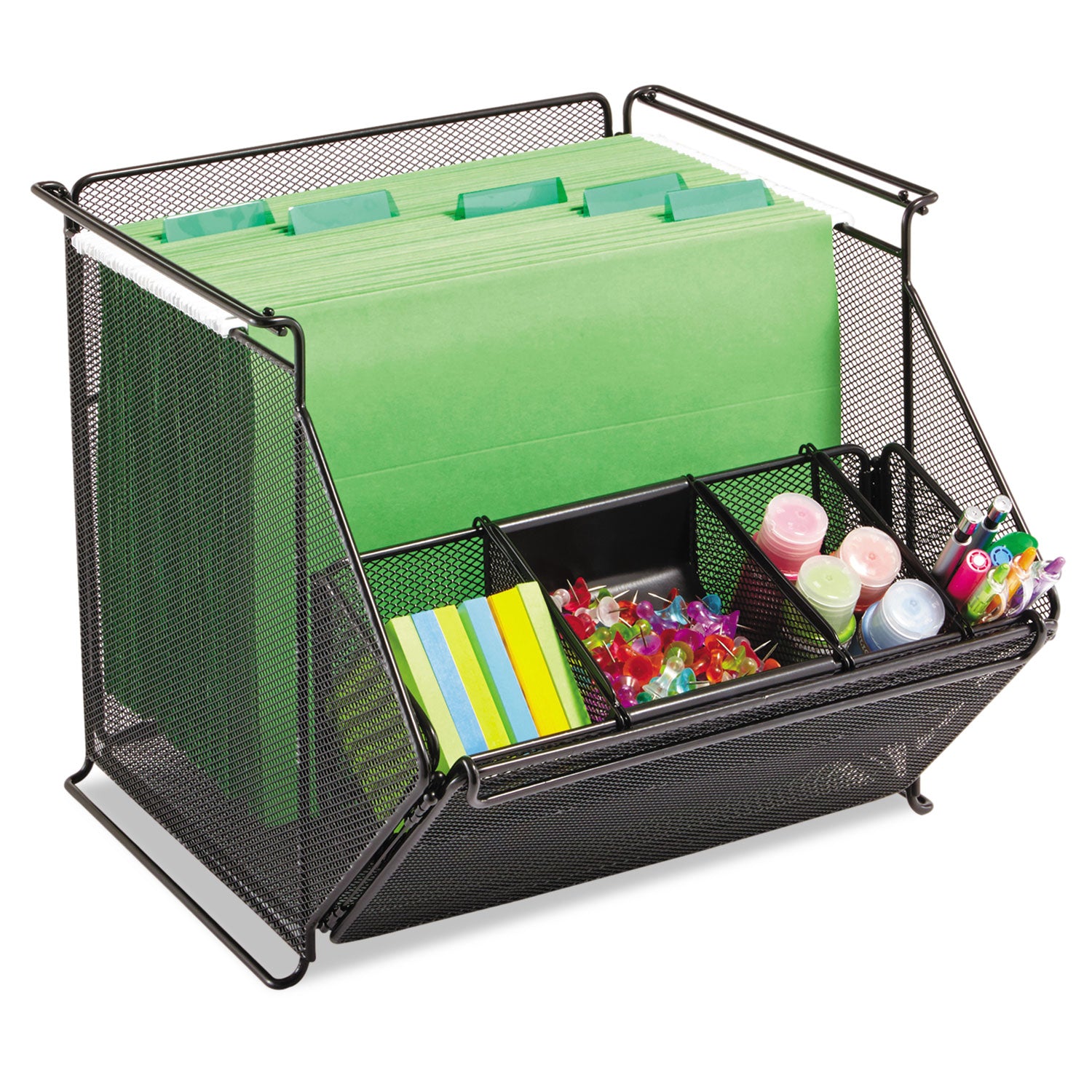 Onyx Stackable Mesh Storage Bin, 4 Compartments, Steel Mesh, 14 x 15.5 x 11.75, Black - 