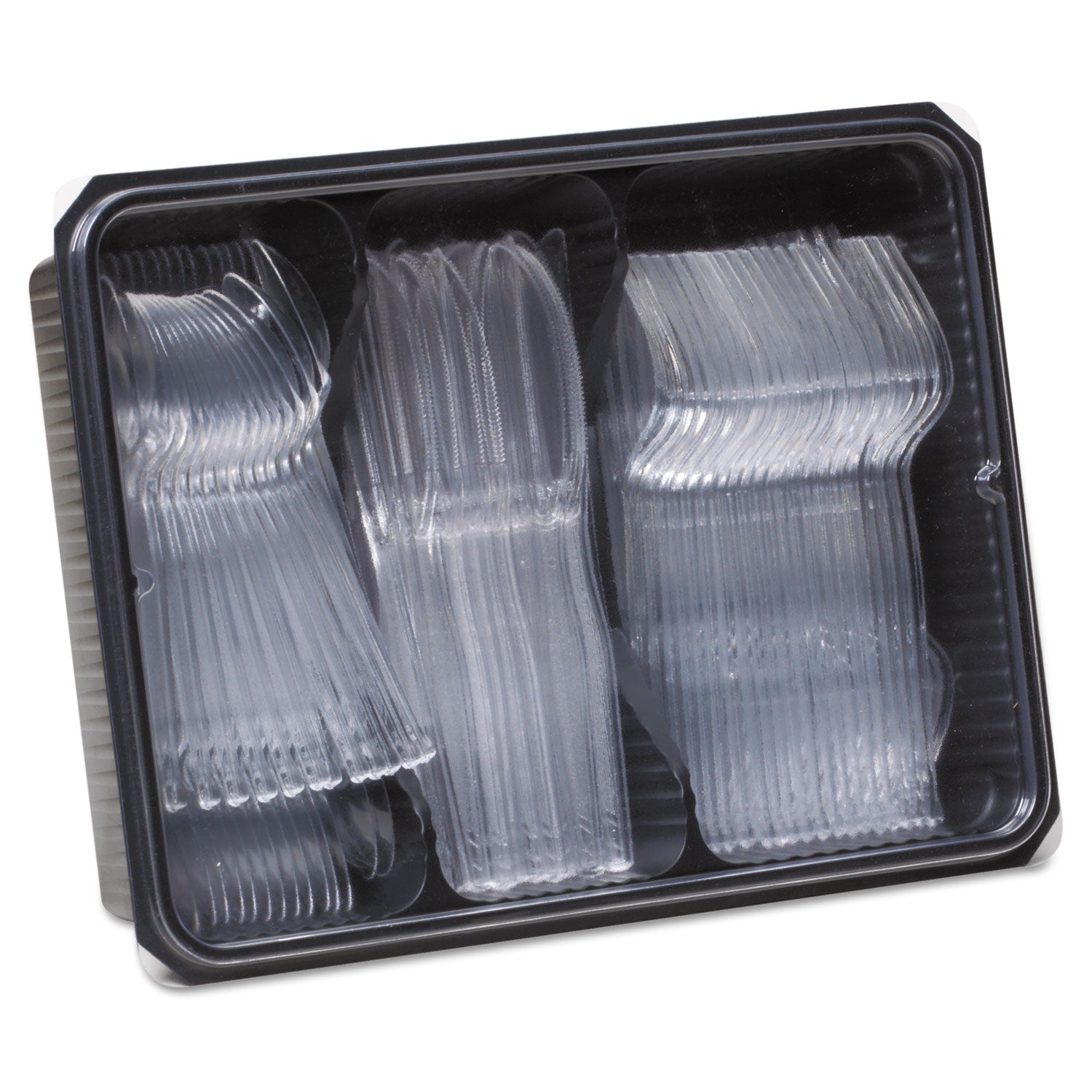Cutlery Keeper Tray with Clear Plastic Utensils: 600 Forks, 600 Knives, 600 Spoons - 