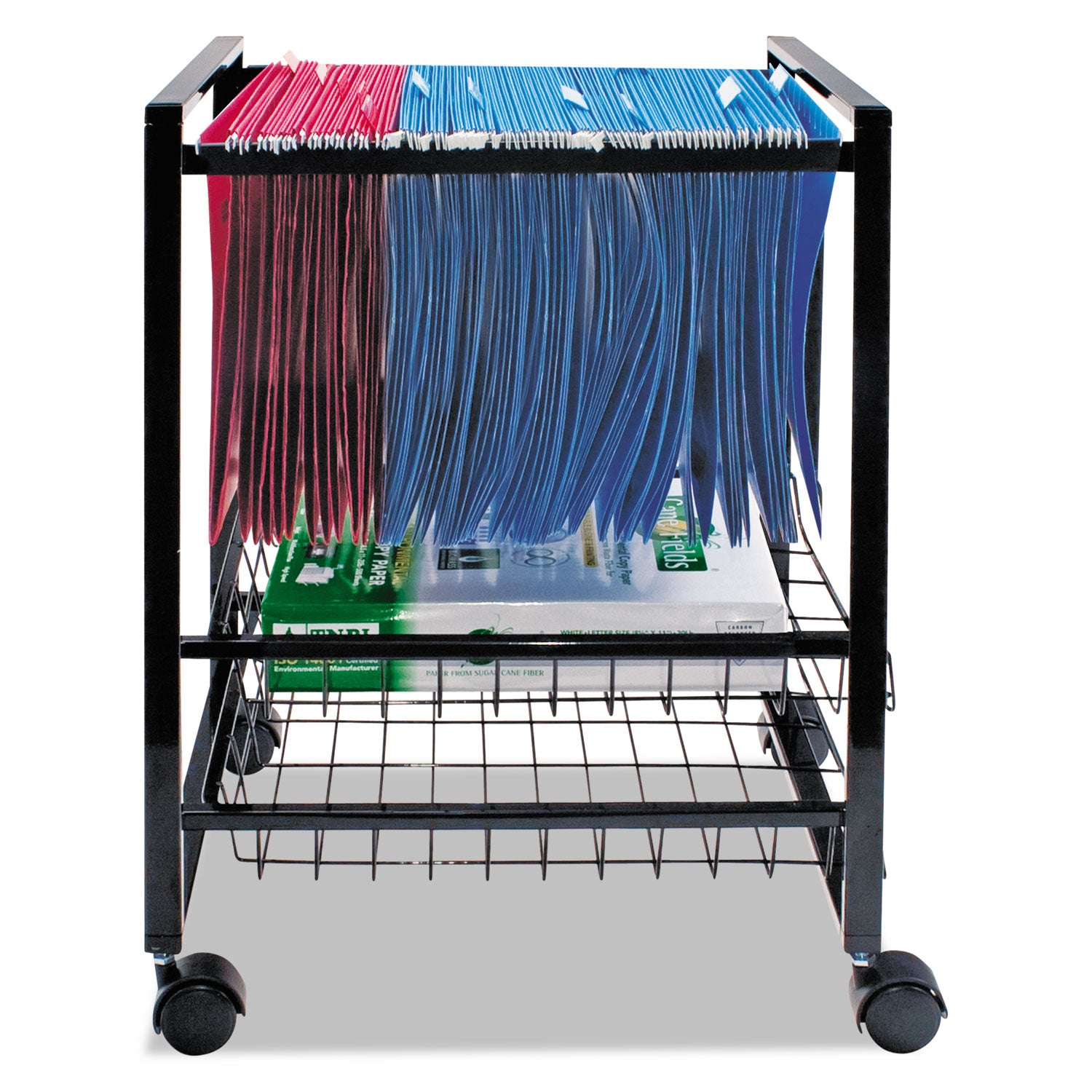 Mobile File Cart with Sliding Baskets, Metal, 2 Drawers, 1 Bin, 12.88" x 15" x 21.13", Black