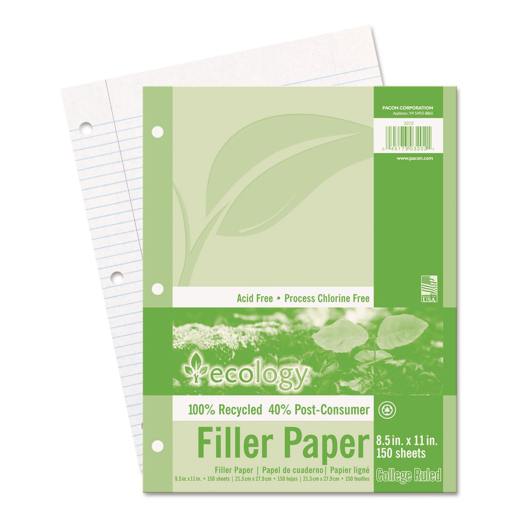Ecology Filler Paper, 3-Hole, 8.5 x 11, Medium/College Rule, 150/Pack
