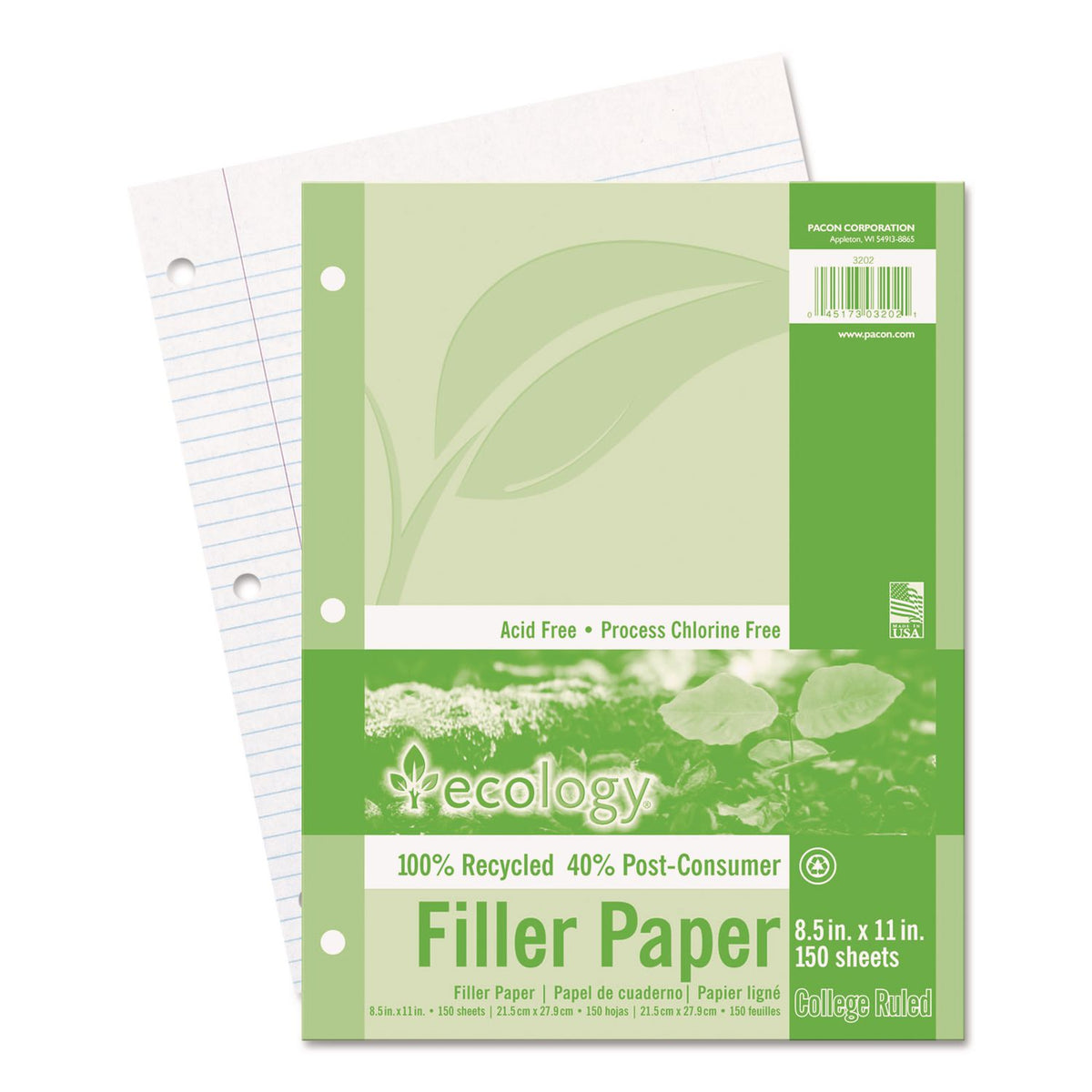 Ecology Filler Paper, 3-Hole, 8.5 x 11, Medium/College Rule, 150/Pack