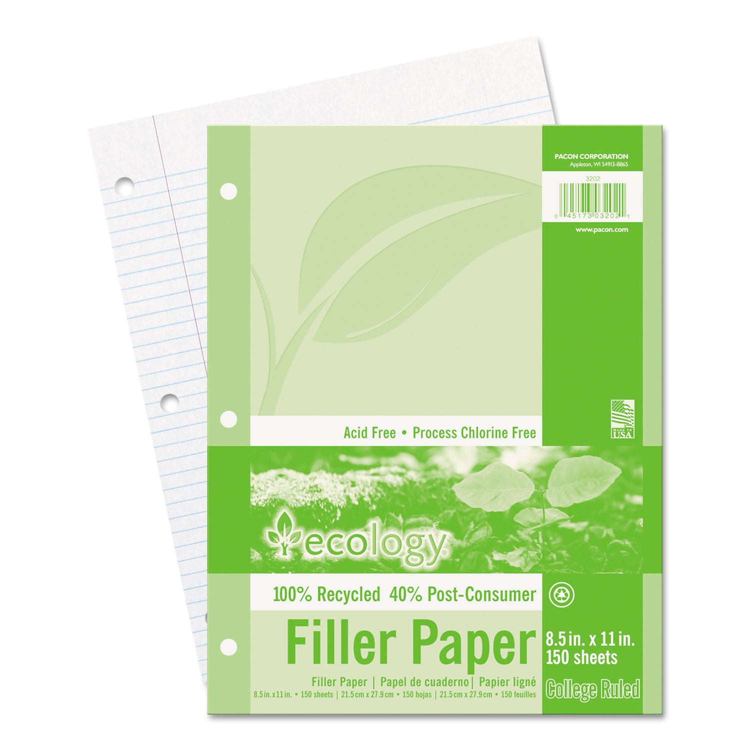 Ecology Filler Paper, 3-Hole, 8.5 x 11, Medium/College Rule, 150/Pack - 