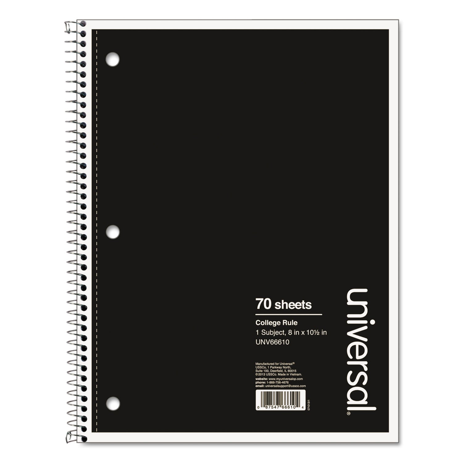 Wirebound Notebook, 1-Subject, Medium/College Rule, Black Cover, (70) 10.5 x 8 Sheets - 