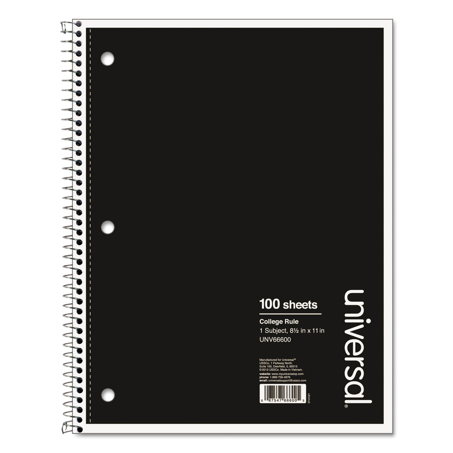 Wirebound Notebook, 1-Subject, Medium/College Rule, Black Cover, (100) 11 x 8.5 Sheets - 