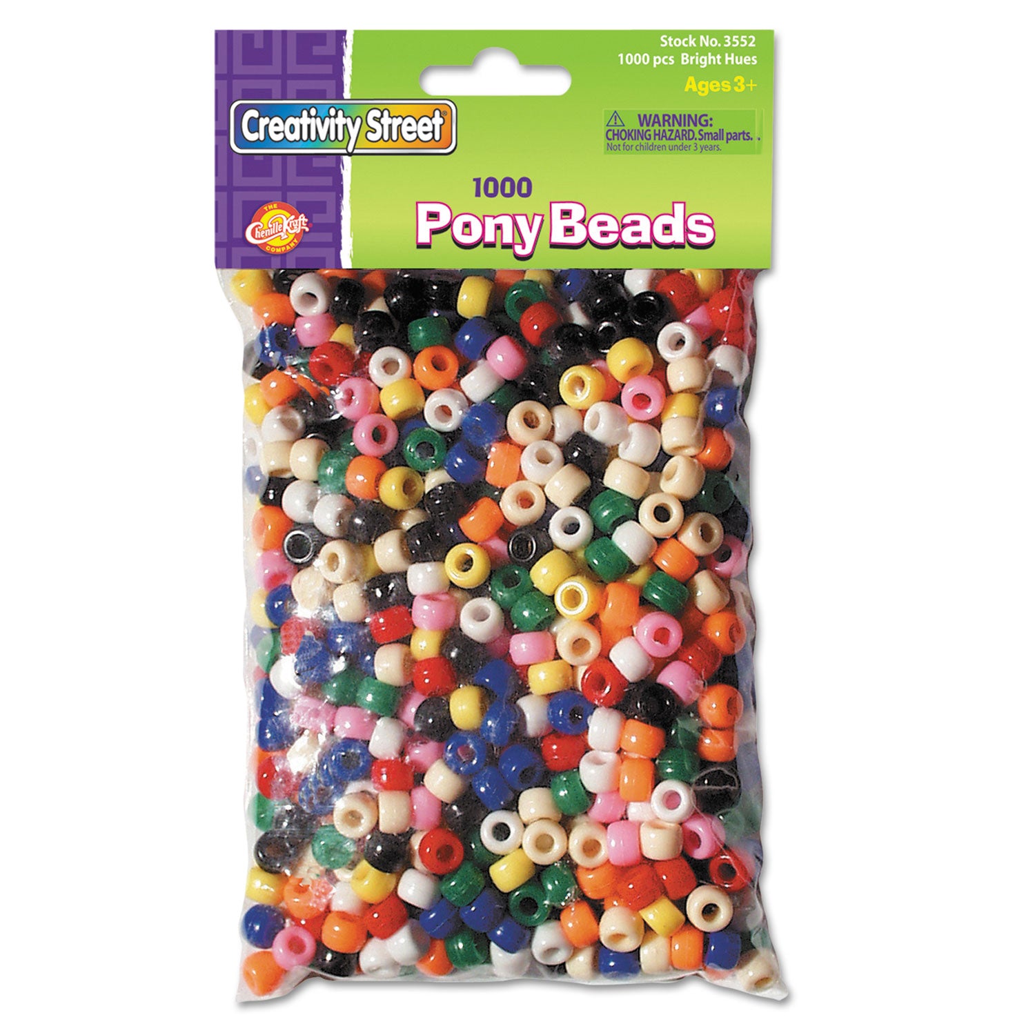 Pony Beads, Plastic, 6 mm x 9 mm, Assorted Primary Colors, 1,000/Set - 
