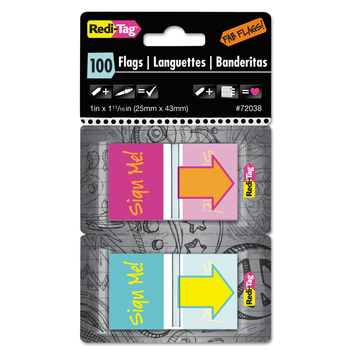 Pop-Up Fab Page Flags w/Dispenser, "Sign Me!", Red/Orange, Teal/Yellow, 100/Pack - 