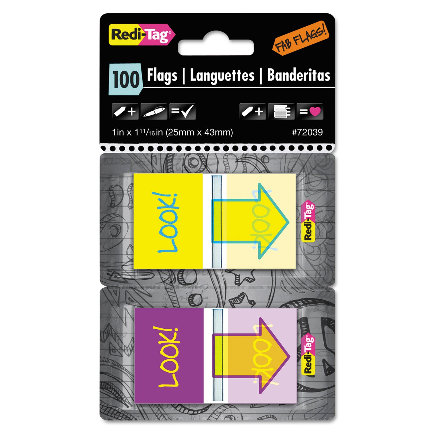 Pop-Up Fab Page Flags w/Dispenser, "Look!", Purple/Yellow; Yellow/Teal, 100/Pack - 