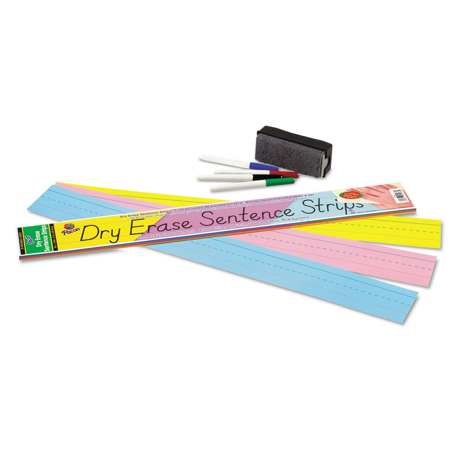 Dry Erase Sentence Strips, 24 x 3, Blue; Pink; Yellow, 30/Pack - 
