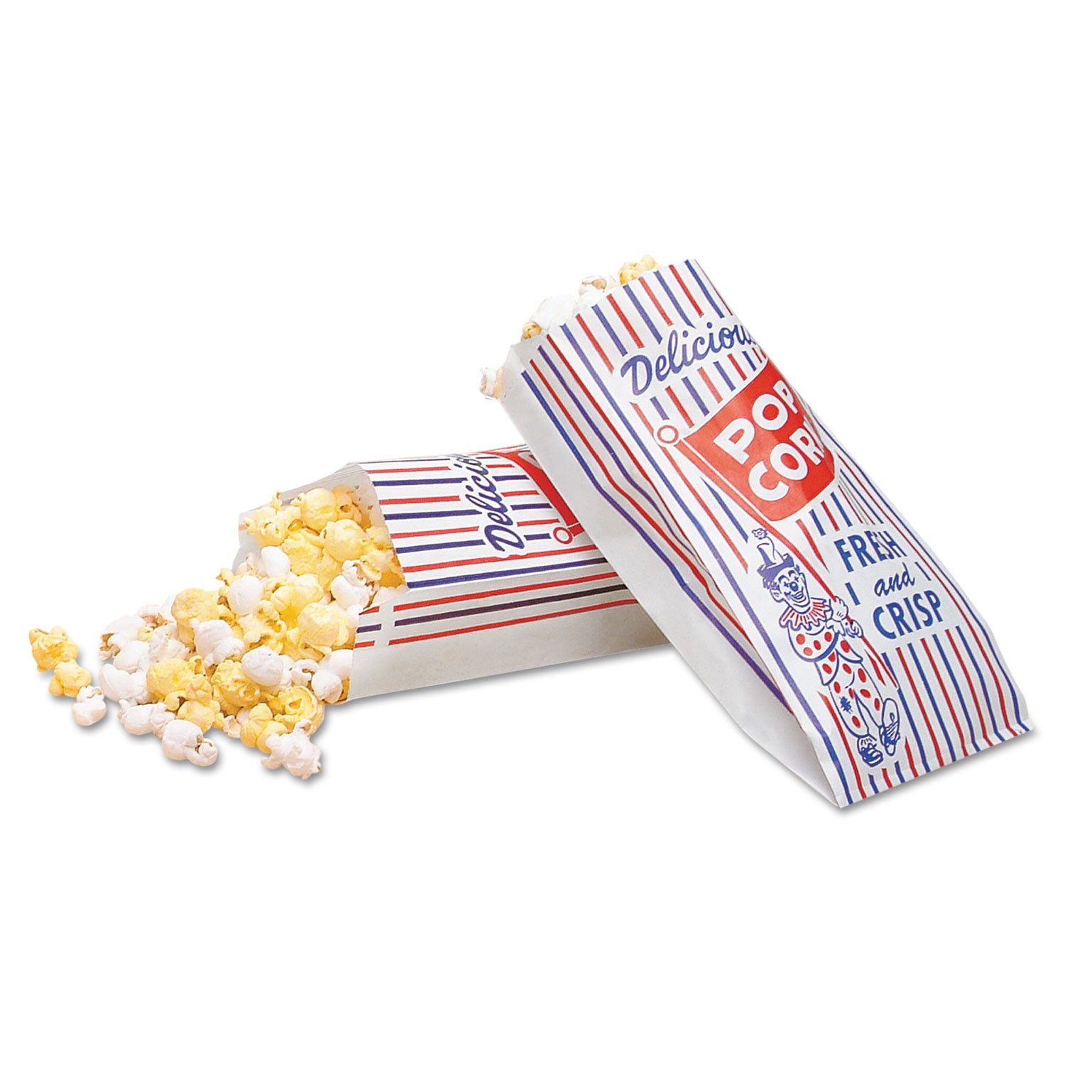 Pinch-Bottom Paper Popcorn Bag, 4 x 1.5 x 8, Blue/Red/White, Paper, 1,000/Carton - 