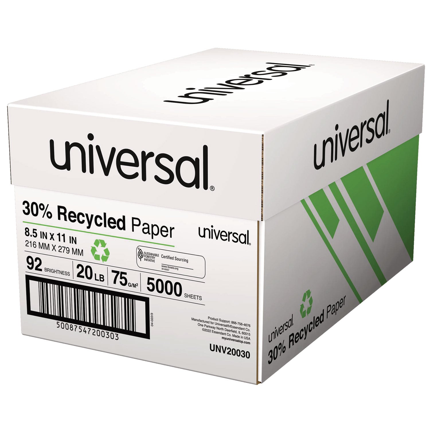 30% Recycled Copy Paper, 92 Bright, 20 lb Bond Weight, 8.5 x 11, White, 500 Sheets/Ream, 10 Reams/Carton - 