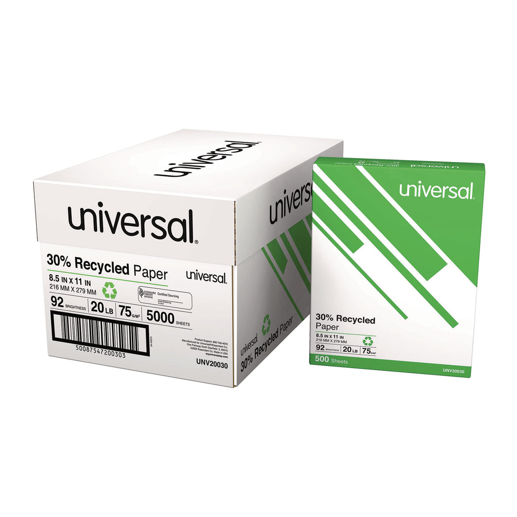30% Recycled Copy Paper, 92 Bright, 20 lb Bond Weight, 8.5 x 11, White, 500 Sheets/Ream, 10 Reams/Carton - 