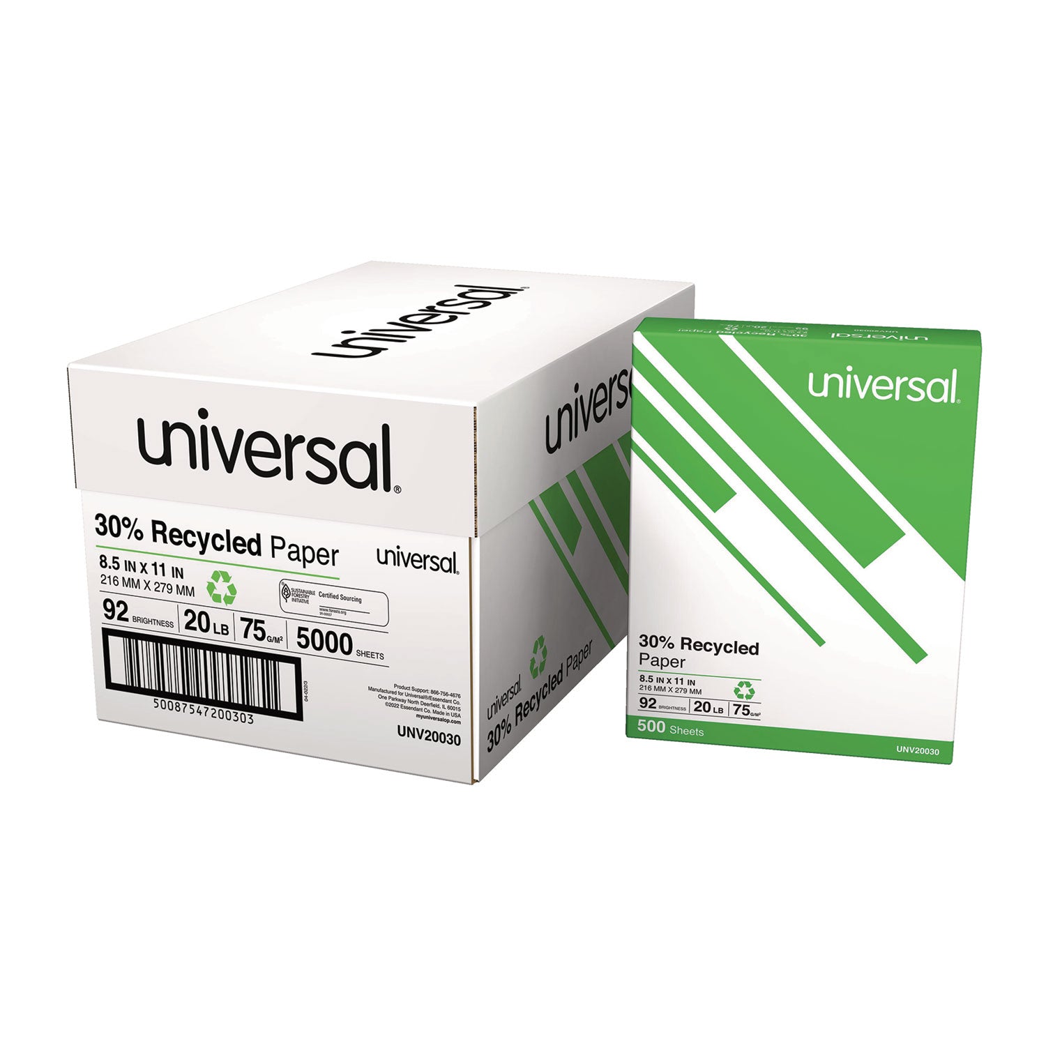 30% Recycled Copy Paper, 92 Bright, 20 lb Bond Weight, 8.5 x 11, White, 500 Sheets/Ream, 10 Reams/Carton - 