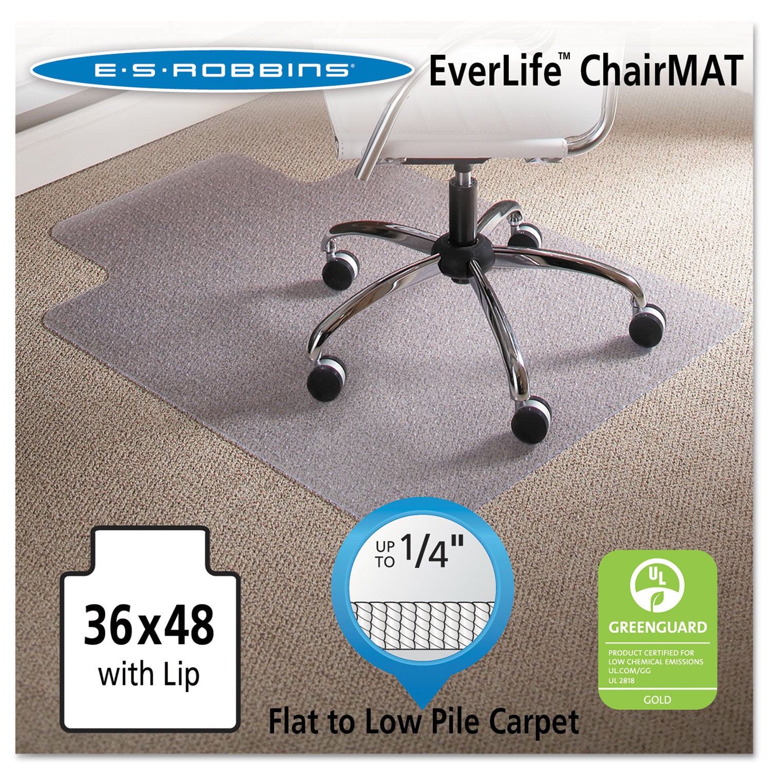 EverLife Light Use Chair Mat for Flat to Low Pile Carpet, Rectangular with Lip, 36 x 48, Clear - 