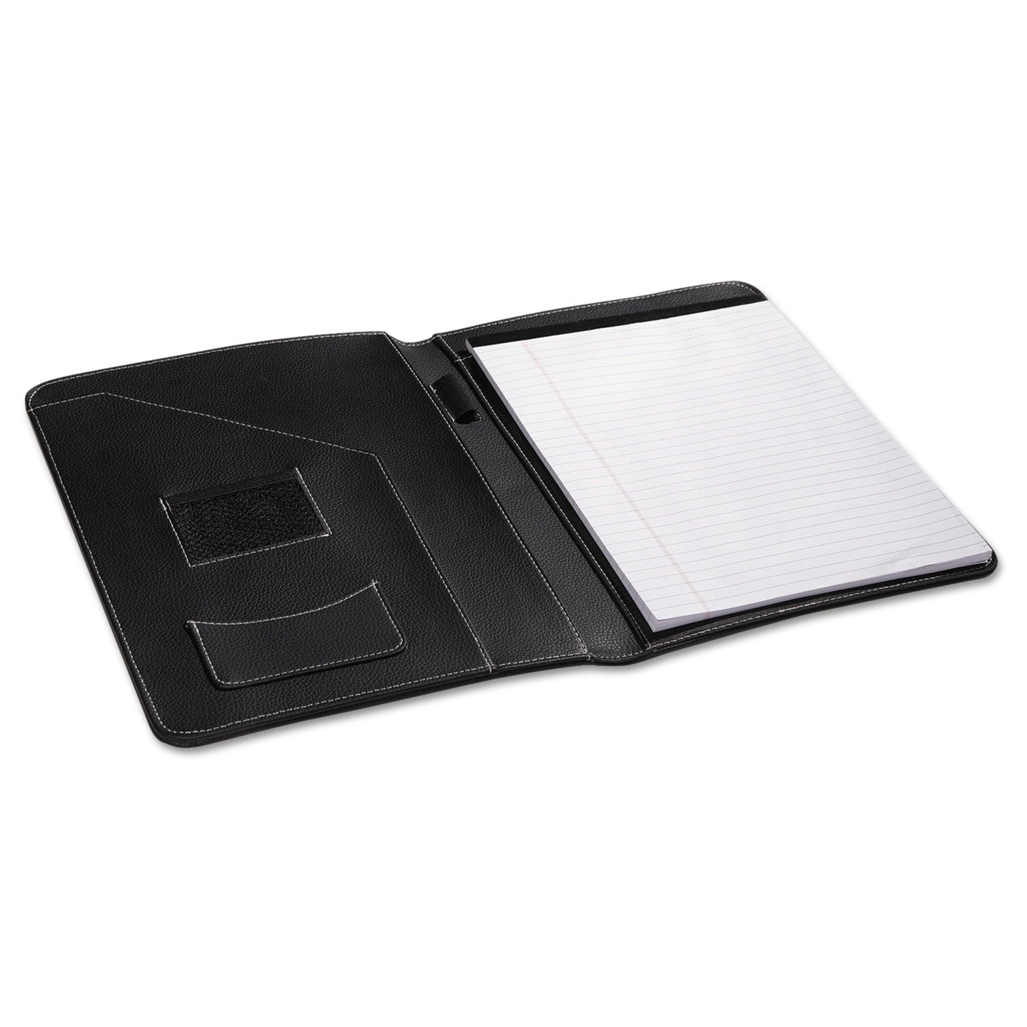 Leather-Look Pad Folio, Inside Flap Pocket w/Card Holder, Black - 