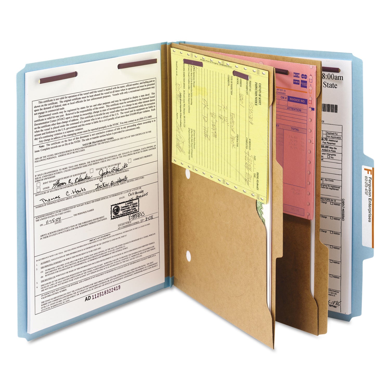 6-Section Pressboard Top Tab Pocket Classification Folders, 6 SafeSHIELD Fasteners, 2 Dividers, Letter Size, Blue, 10/Box - 