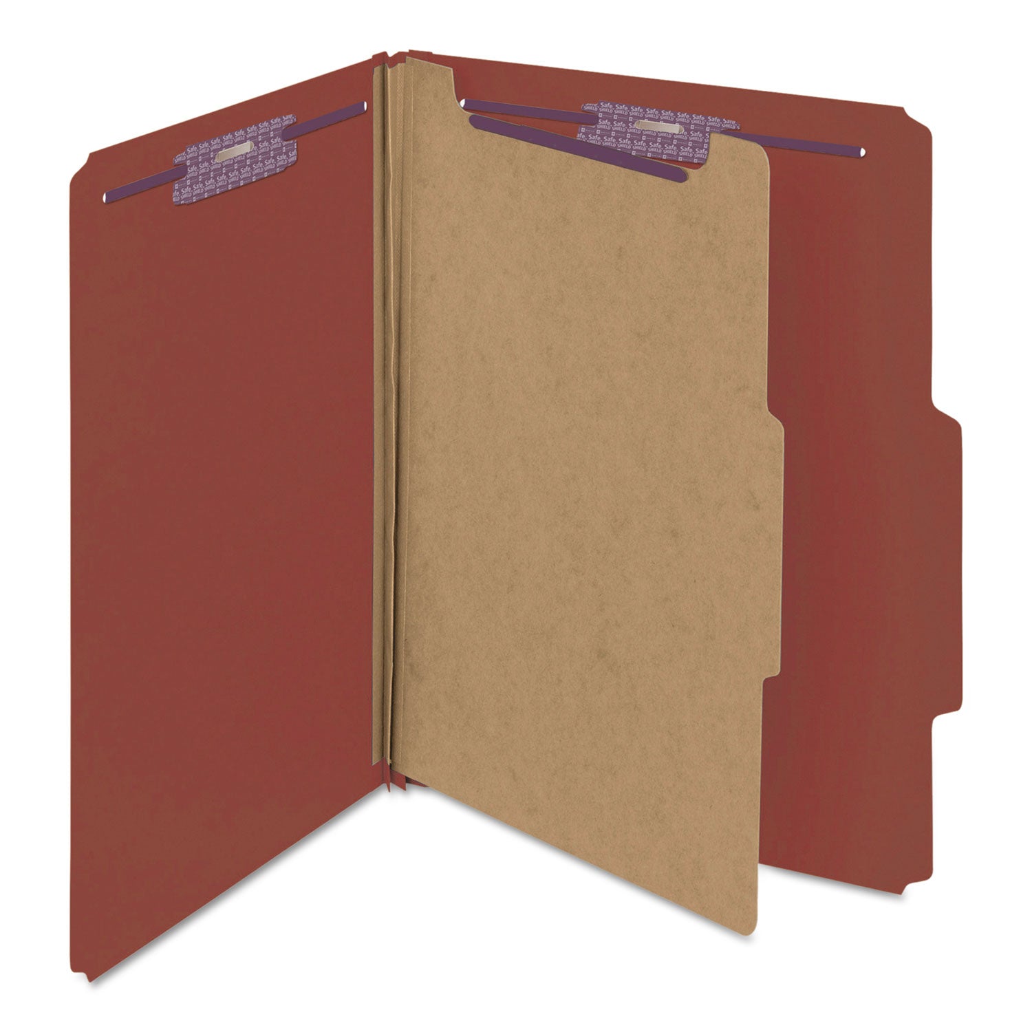 Pressboard Classification Folders, Four SafeSHIELD Fasteners, 2/5-Cut Tabs, 1 Divider, Letter Size, Red, 10/Box - 