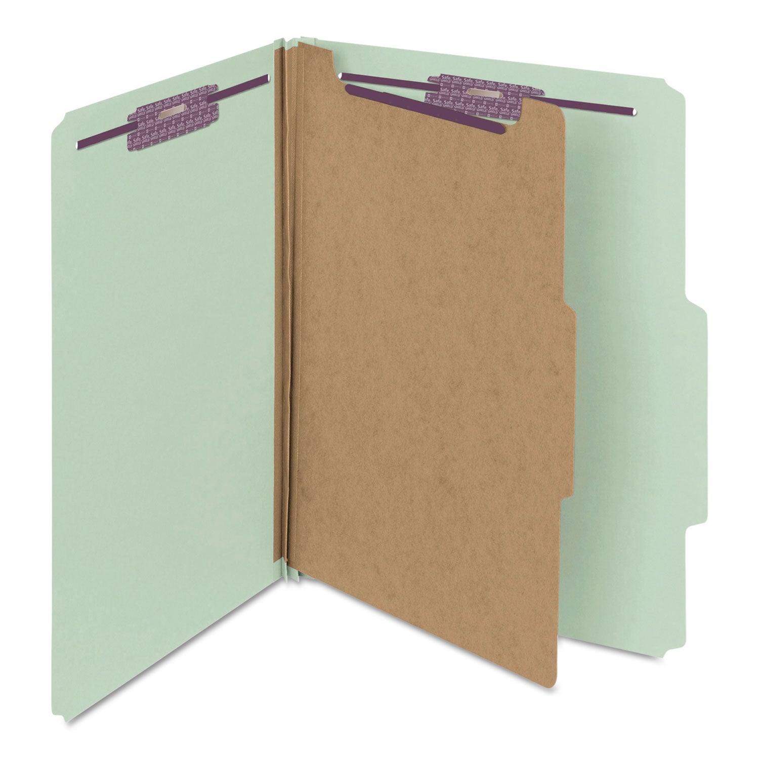 Pressboard Classification Folders, Four SafeSHIELD Fasteners, 2/5-Cut Tabs, 1 Divider, Letter Size, Gray-Green, 10/Box - 