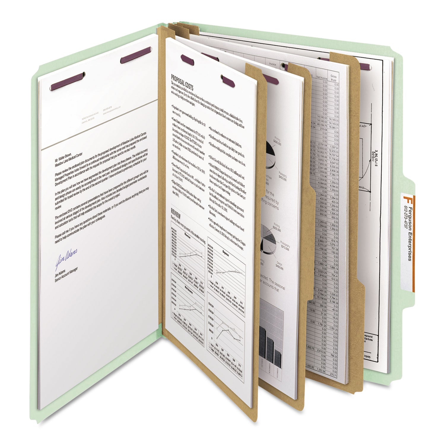 Pressboard Classification Folders, Eight SafeSHIELD Fasteners, 2/5-Cut Tabs, 3 Dividers, Letter Size, Gray-Green, 10/Box - 